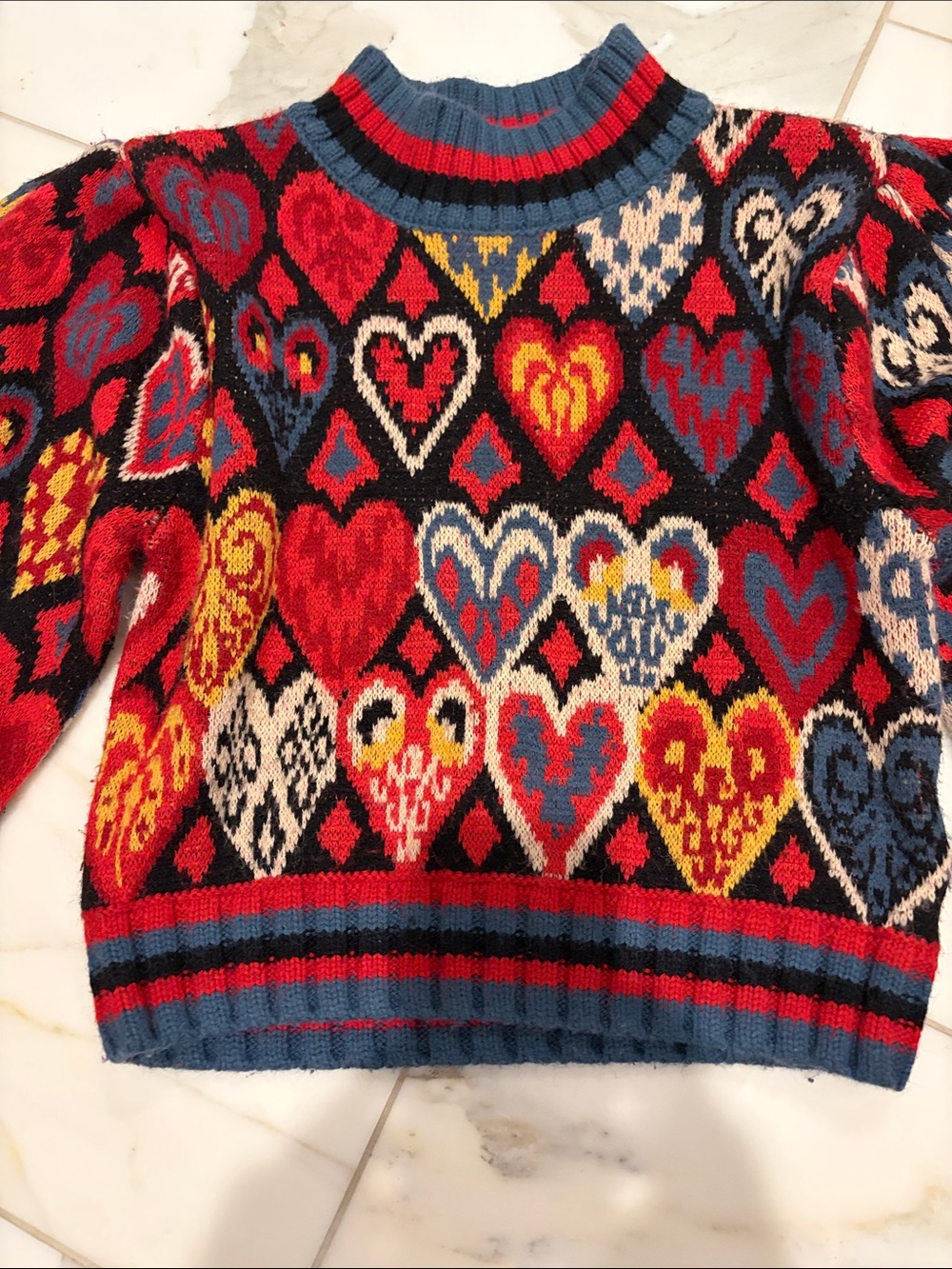 FARM Rio Multicolor ilkat Heart-Pattern Puff-Sleeve Sweater XS rare - Picture 2 of 4